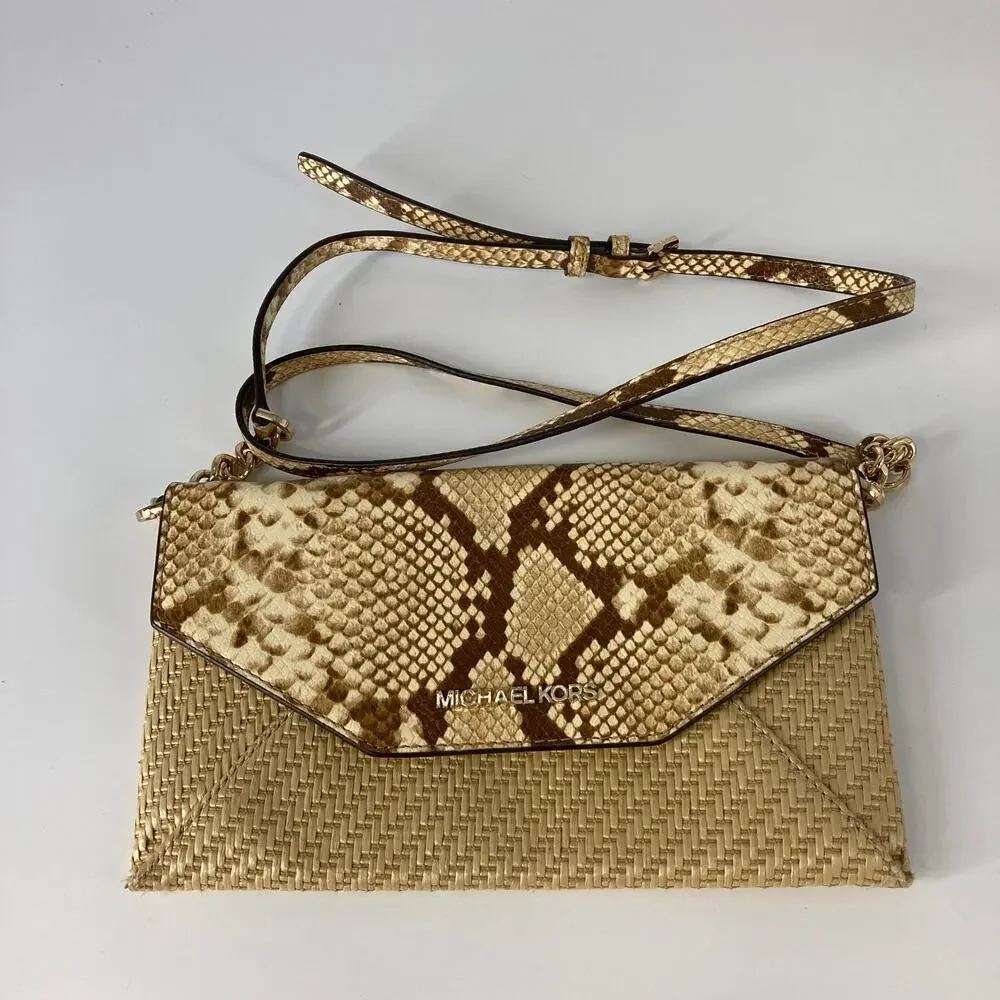 MICHAEL KORS SMALL STRAW AND LEATHER SNAKE PRINT CROSSBODY
